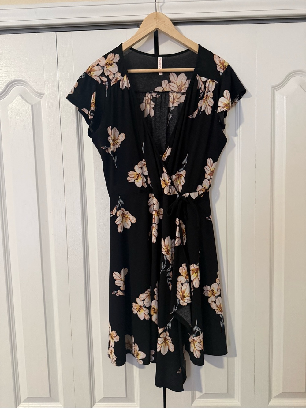 Xhilaration Black Floral Wrap Dress with Cream Blooms